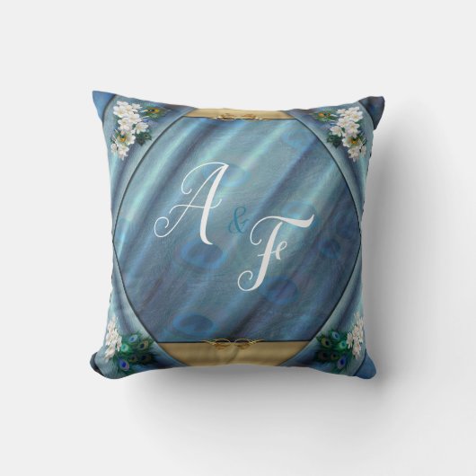 金ゴールド、ピーコックの羽根エメラルドグリーンの贈り物 クッション (正面)