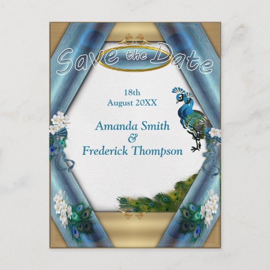 金ゴールド、ピーコック2羽、エメラルドグリーンシルクの羽毛 案内ポストカード (正面)