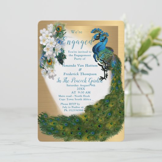 金ゴールド、ピーコック、エメラルドグリーンシルクの羽毛 招待状 (スタンド正面)