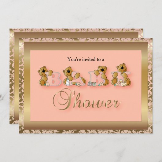 金ゴールド&ピーチダマスクとテディベア | 赤ちゃんシャワー 招待状 (正面/裏面)