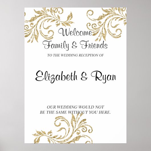 金ゴールド、フェイクグリッター、カスタムウェディングウェルカム ポスター (正面)