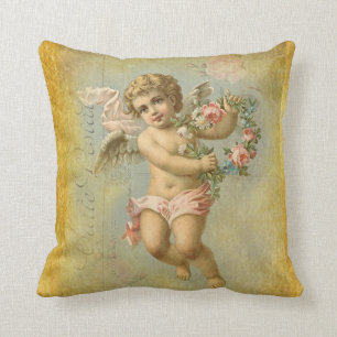 金ゴールド、フェイクValentine Cherub on blue background クッション