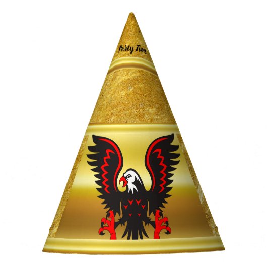 金ゴールド・フォイルのテクスチャを持つ漫画の黒と赤のワシ パーティーハット (正面)