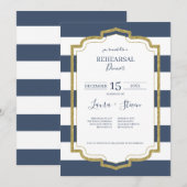 金ゴールド·フレーム·アンド·ネイビー·ストライプ·リハーサル·ディナー 招待状 (正面/裏面)