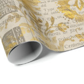 金ゴールド·フローラ·スクロールとヴィンテージ·ニュースプリント ラッピングペーパー (ロールコーナー)