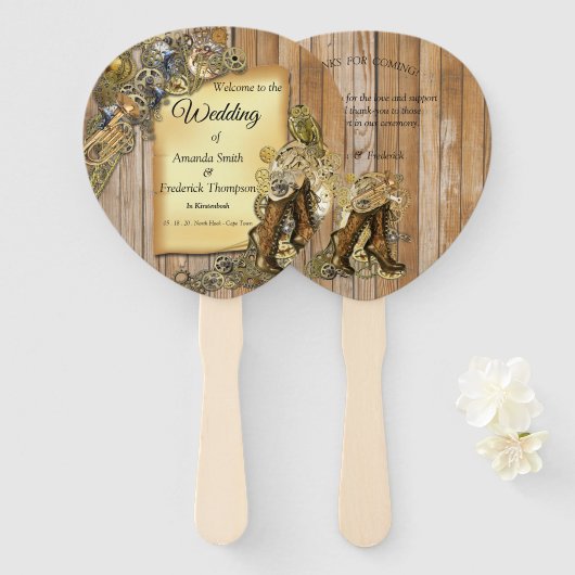 金ゴールド&ブラススチームパンクの木彫り ハンドファン (正面&裏面)