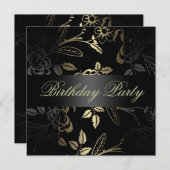 金ゴールド/ブラッエレガントクフラワーデザイン誕生日招待状 招待状 (正面/裏面)