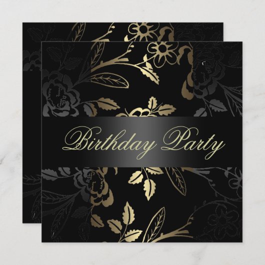 金ゴールド/ブラッエレガントクフラワーデザイン誕生日招待状 招待状 (正面/裏面)