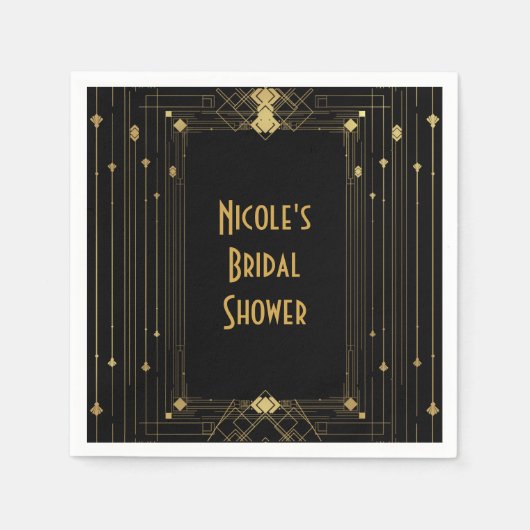 金ゴールド&ブラックアールデコギャツビーRoaring 20's エレガント スタンダードカクテルナプキン (正面)