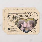 金ゴールド&ブラックカスタムフォトハート結婚式招待 招待状 (正面/裏面)