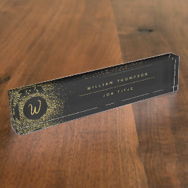 金ゴールド&ブラックグリッターフレームモノグラム デスクネームプレート