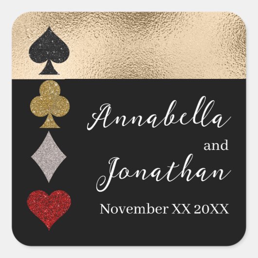 金ゴールド&ブラックグリッターラスベガス結婚カジノ スクエアシール (正面)