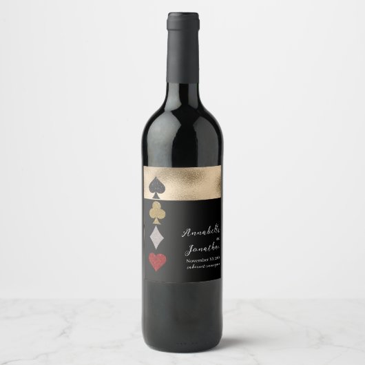 金ゴールド&ブラックグリッターラスベガス結婚カジノ ワインラベル (正面)