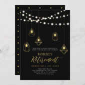 金ゴールド&ブラックシックなストリングライトリタイアメントパーティー 招待状 (正面/裏面)