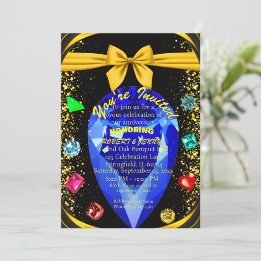 金ゴールド&ブラックジェムストーンダイヤモンド結婚の記念日 招待状 (スタンド正面)