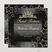 金ゴールド/ブラックスイート16スター&ティアラ誕生日招待状 招待状 (正面/裏面)
