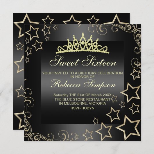 金ゴールド/ブラックスイート16スター&ティアラ誕生日招待状 招待状 (正面/裏面)
