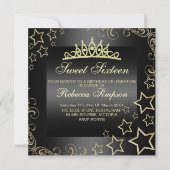 金ゴールド/ブラックスイート16スター&ティアラ誕生日招待状 招待状 (正面)