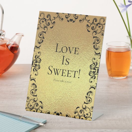 金ゴールド&ブラックスワール結婚ゴシックのスイーツテーブル 台座サイン (インサイチュ)