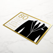 金ゴールド&ブラックスーツ&タイ80thバースデーパーティーゴールデン 箔招待状 (回転した状態)