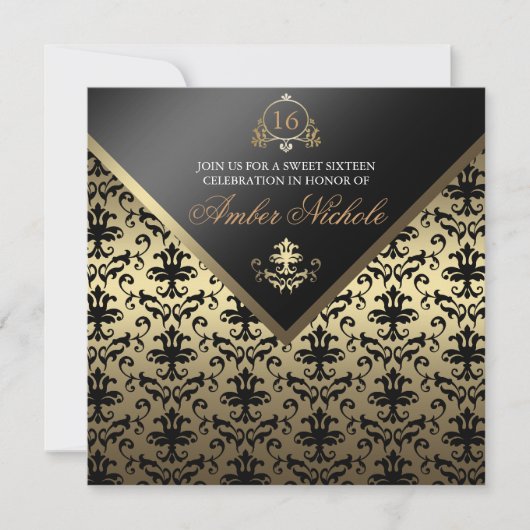 金ゴールド&ブラックダマスクスウィート16招待状 招待状 (正面)