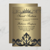 金ゴールド&ブラックダマスク&ティアラ誕生日招待状 招待状 (正面/裏面)