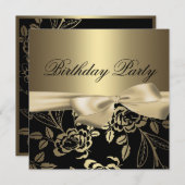 金ゴールド&ブラックバラリーフボウ誕生日招待状 招待状 (正面/裏面)