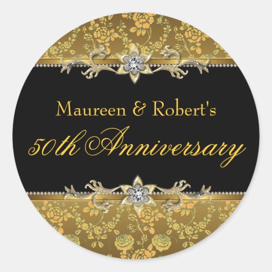 金ゴールド&ブラックバラ50周年記念ステッカー ラウンドシール (正面)