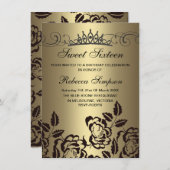 金ゴールド&ブラックバラ&ティアラ誕生日招待状 招待状 (正面/裏面)