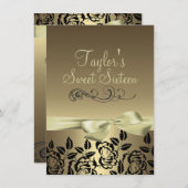 金ゴールド/ブラックバラ&ボウイメージ誕生日招待状 招待状 (正面/裏面)