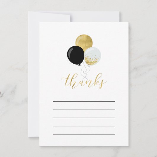 金ゴールド&ブラックバルーンパーティーお礼ノートカード サンキューカード (正面)