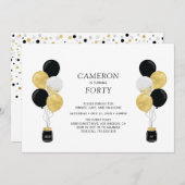 金ゴールド&ブラックバルーンモダン大人の誕生日パーティー 招待状 (正面/裏面)
