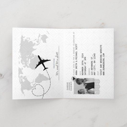 金ゴールド&ブラックパスポートフォト結婚式招待状 箔グリーティングカード (内側レイダウン)