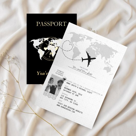 金ゴールド&ブラックパスポートフォト結婚式招待状 箔グリーティングカード