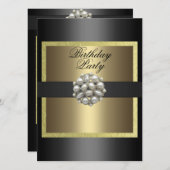 金ゴールド&ブラックパールデザイン誕生日招待状 招待状 (正面/裏面)