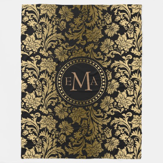 金ゴールド&ブラックフローラダマスク フリースブランケット (正面)