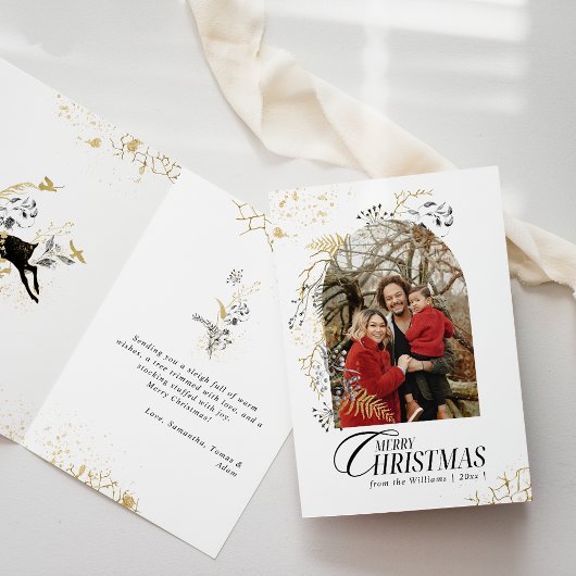 金ゴールド&ブラックフローラボホアーチフォトクリスマス カード