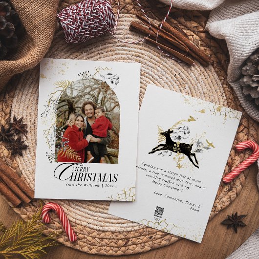 金ゴールド&ブラックフローラボホアーチフォトクリスマス シーズンカード