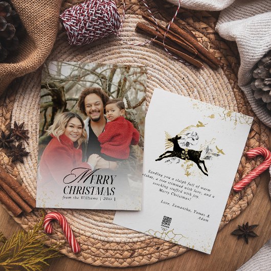 金ゴールド&ブラックフローラボホアーチフォトクリスマス シーズンカード