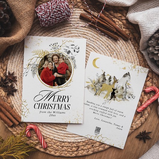 金ゴールド&ブラックフローラリースフォトクリスマス シーズンカード