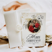 金ゴールド&ブラックフローラリースフォトクリスマス シーズンカード