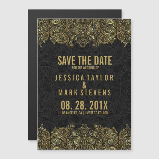 金ゴールド&ブラックペイズリーレース&ダマスク マグネット招待状 (正面/裏面)