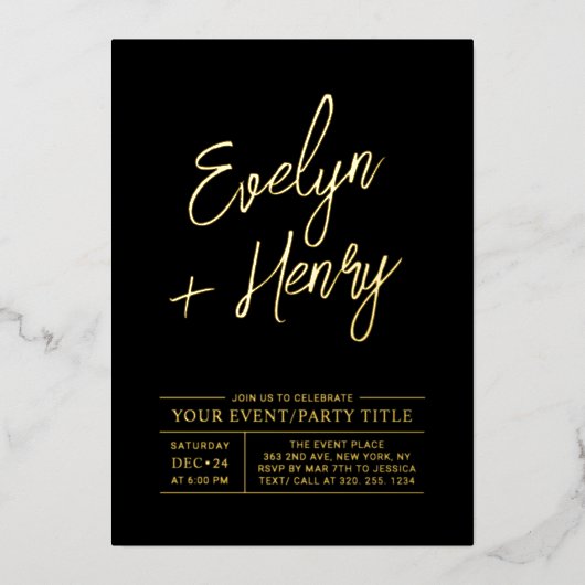金ゴールド&ブラックモダンオールタイムパーティーイベント 箔招待状 (正面)