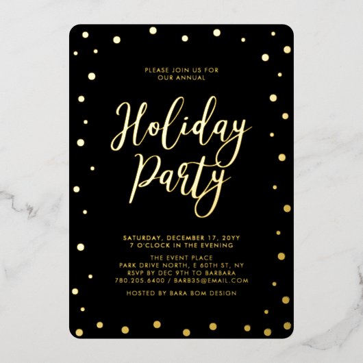 金ゴールド&ブラックモダンクリスマスホリデーパーティー 箔招待状 (正面)