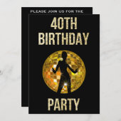 金ゴールド&ブラックレトロディスコグリッターボール40thパーティー 招待状 (正面/裏面)