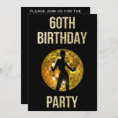 金ゴールド&ブラックレトロディスコグリッターボール60thパーティー 招待状 (正面/裏面)