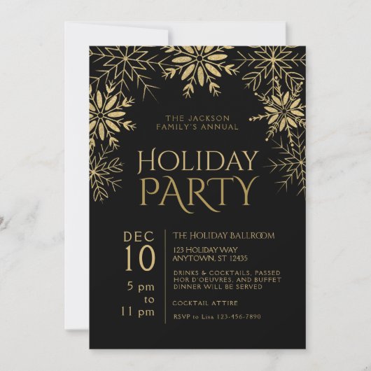 金ゴールド&ブラック千鳥格子のスノーフレークスホリデーグラム 招待状 (正面)