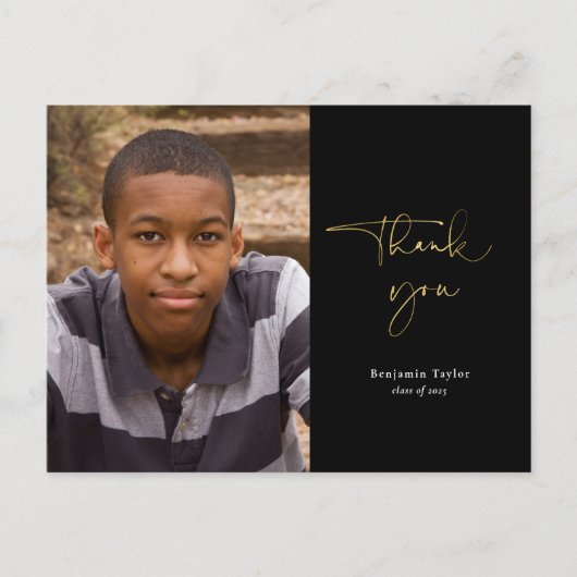金ゴールド&ブラック卒業Thank You with Photo ポストカード (正面)
