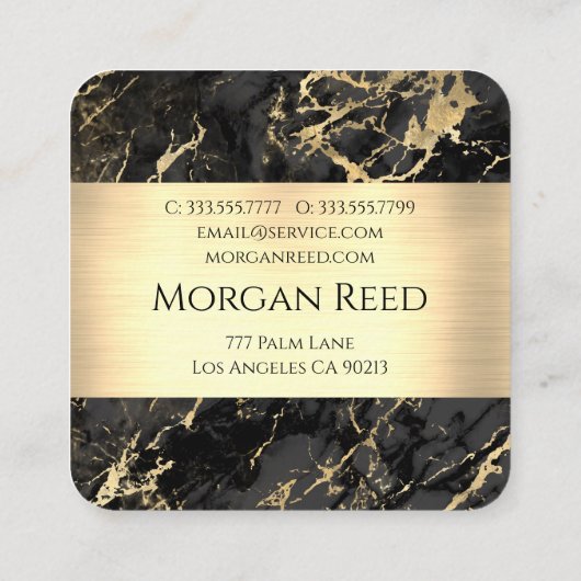 金ゴールド&ブラック大理石、金ゴールドバー、名前モノグラム情報 スクエア名刺 (裏面)