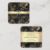 金ゴールド&ブラック大理石、金ゴールドバー、名前モノグラム情報 スクエア名刺 (正面/裏面)